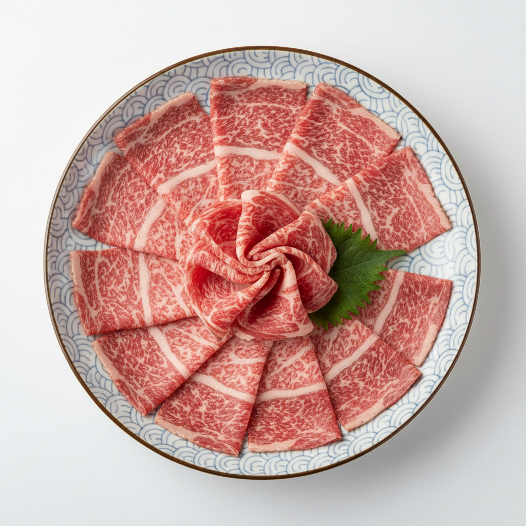Raw Wagyu shabu slices on Japanese plate