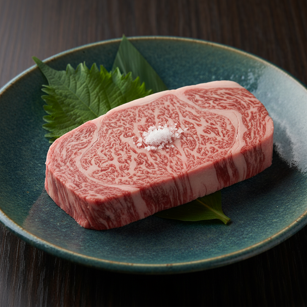 Raw Wagyu sirloin on Japanese ceramic plate